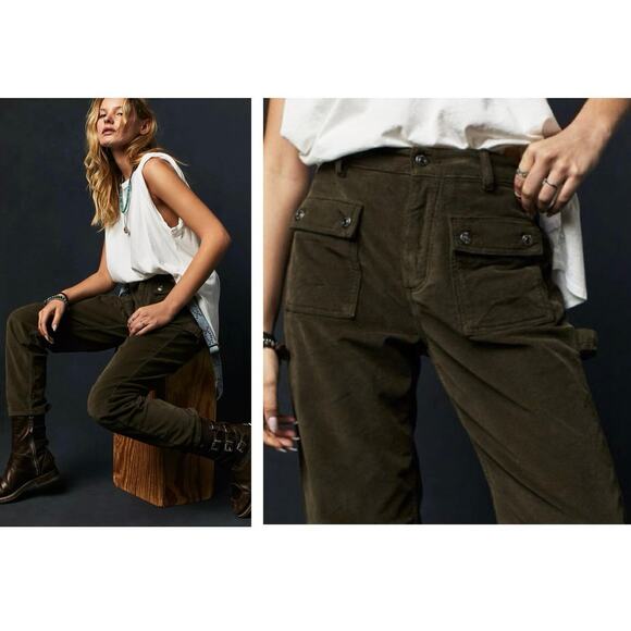 Free People Kyo Pants Corduroy Button Fly Olive Green - Size 4 - Picture 1 of 8